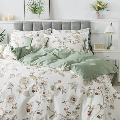 FADFAY Floral Bedding Set Queen 100% Cotton Shabby and Chic Beige Green Reversible Duvet Cover Vintage Pink Flower Print Bed Covers Luxury Girls Pretty Bowknot Soft Crisp Zipper Comforter Cover 3Pcs