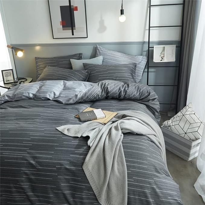 LifeTB Grey Striped Duvet Cover Set King 100% Cotton Geometric Stripes Pattern Printed Comforter Cover Modern Style Striped Bedding Set Soft Breathable Duvet Cover King with Zipper Closure
