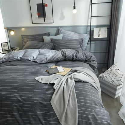 LifeTB Grey Striped Duvet Cover Set King 100% Cotton Geometric Stripes Pattern Printed Comforter Cover Modern Style Striped Bedding Set Soft Breathable Duvet Cover King with Zipper Closure