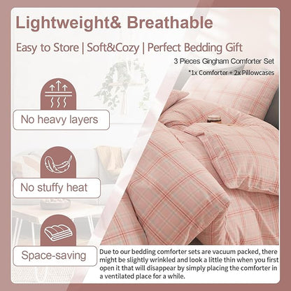 EAVD Pink Gingham Comforter Set Twin XL Soft Fluffy Pink Plaid Comforter Set 3 Pieces Modern Grid Checkered Pattern Bedding Set for All-Season Farmhouse Gingham Bedding Set for Boy Women Men