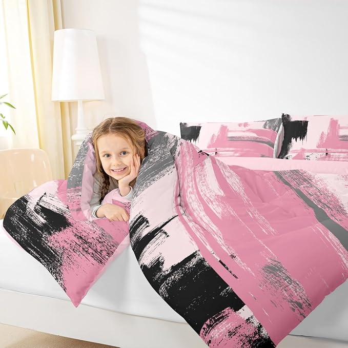 Erosebridal Girls Pink King Comforter Set Girly Abstract Pink and Black Comforter Set for Kids Teens Women Geometric Modern Bedding Sets Minimalists Striped Art Bed Sets for Adults Boys Men
