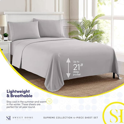 Queen Size Bed Sheets - Breathable Luxury Sheets with Full Elastic & Secure Corner Straps Built In - 1800 Supreme Collection Soft Deep Pocket Bedding, Sheet Set, EXTRA DEEP pocket - Queen, Silver