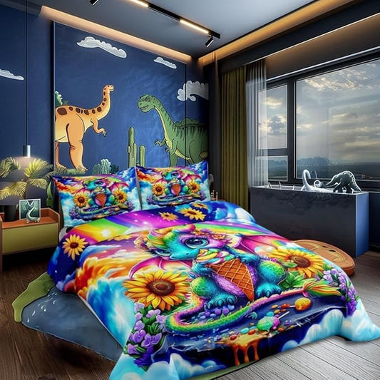 Castle Fairy Watercolor Sunflower Flowers 3 Pcs Queen Size Comforter Set,Ice Cream Dessert Colorful Sky Down Alternative Adults Room Decor,Cartoon Dragon Ultra Soft Microfiber Inner Fill 3Pcs Bedding