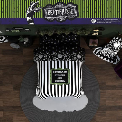 Franco Collectibles Beetlejuice Halloween Striped Bedding 5 Piece Super Soft Reversible Comforter and Sheet Set, Queen, (Officially Licensed Product)