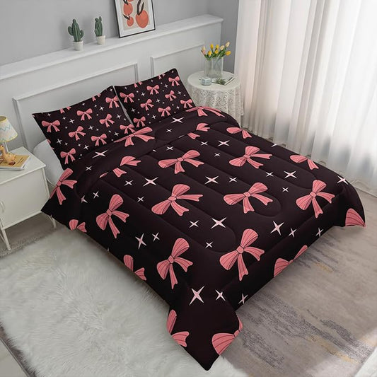 Pink Cute Bow Comforter Set for Girls,Full Size Pink Bowknot and Stars Comforter,Colorful Bedding for Kids Boys Girls,Girly Kawaii Princess Themed Quilt Set 1 Comforter 2 Pillowcases