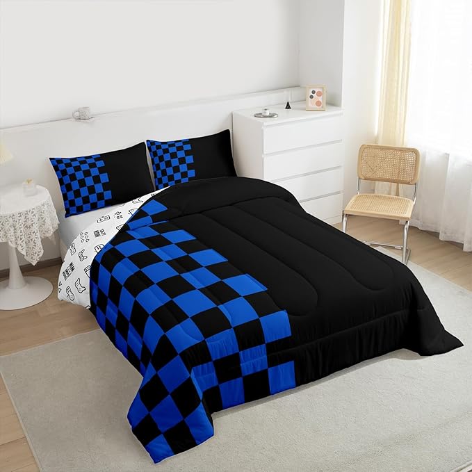 Geometric Check Kids Bedding Set King Size,Video Games Plaid Lattice Comforter Set，Modern Grid Simple Quilt Comforter,Black Blue Bedroom Duvet Insert,2 Pillowcases