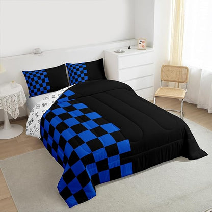Geometric Check Kids Bedding Set King Size,Video Games Plaid Lattice Comforter Set，Modern Grid Simple Quilt Comforter,Black Blue Bedroom Duvet Insert,2 Pillowcases