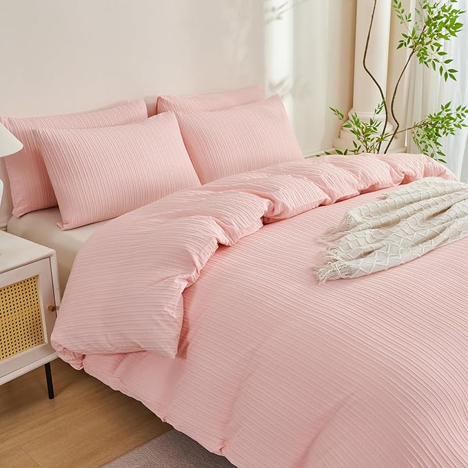 Pink Comforter Set Queen Size Soft Luxury Washed Microfiber Jacquard 3 Pieces Bedding Set, Pink Jade Vertical Ticking Stripes Comforter with 2 Pillowcases Breathable Durable Comfy