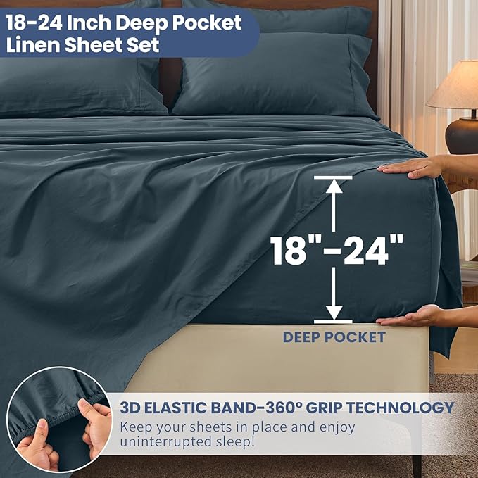 Bedlifes 100% French Linen Sheets California King Size 18-24" Extra Deep Pocket 4-Piece Set Breathable & Moisture-Wicking,Soft & Durable Sheets for Thick Mattresses(Cool Gray)