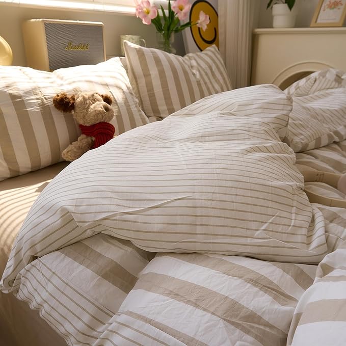 EAVD Khaki Striped Duvet Cover Twin XL Soft Washed Microfiber Farmhouse Vertical Striped Bedding Set with 2 Pillowcases Modern Style Geometric Pattern Duvet Cover with Zipper Closure