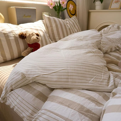 EAVD Khaki Striped Duvet Cover Twin XL Soft Washed Microfiber Farmhouse Vertical Striped Bedding Set with 2 Pillowcases Modern Style Geometric Pattern Duvet Cover with Zipper Closure