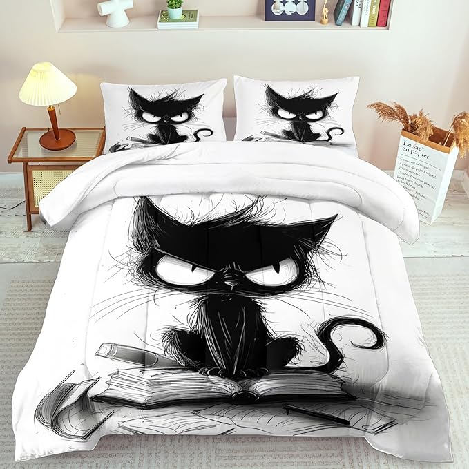 Cute Black Cat Comforter Set King Size Cute Pet Bedding Set Boys Girls White and Black Comforter Cartoon Cat Quilt Animal Bedroom Decor Kawaii Animal Print Bedding Boys Kids