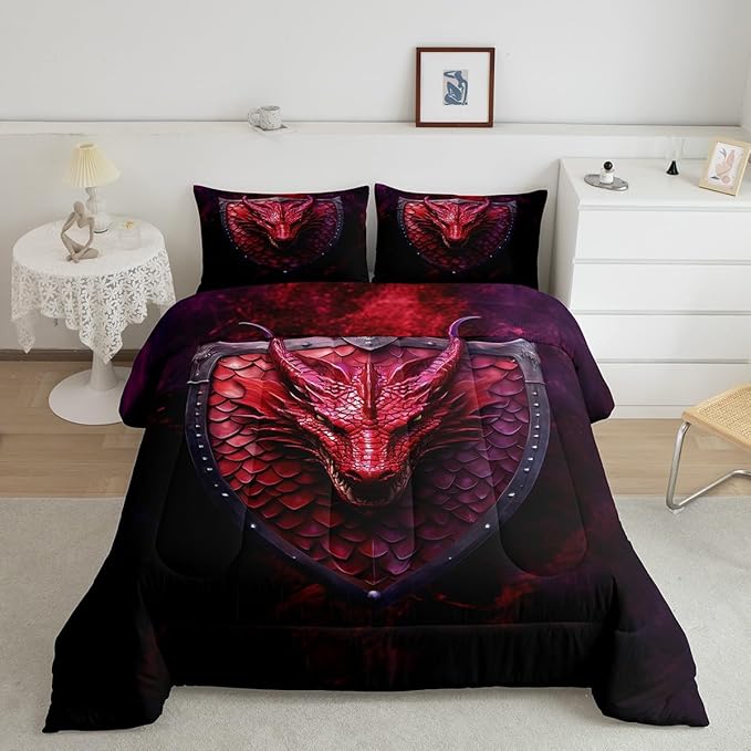 Castle Fairy Dragon Twin Size Comforter Set,3D Wildlife Animals Scales Quilt Set Soft Bed Collection,Western Fierce Animals Bedding Comforter for Boys Girls Room Decor,2 Pcs