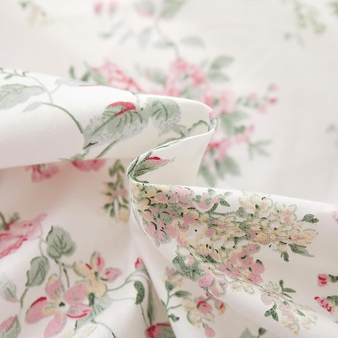 VM VOUGEMARKET Girl's Pink Flower Duvet Cover Set Twin,Pure Cotton Bedding Set Vintage Floral Prints on White Duvet Cover Conquette Cottagecore for Teen Girls