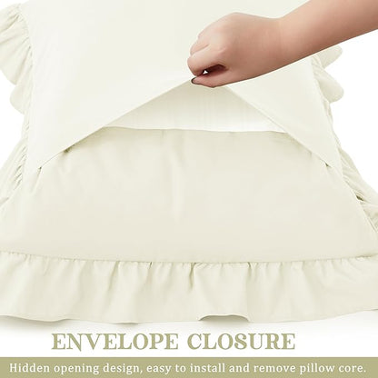 KKJIAF Ruffle Pillow Cases King Size Set of 2, Ruffled Pillow Covers with Envelope Closure, Wrinkle Resistant Ruffled Pillow Shams 20" x 36", Beige
