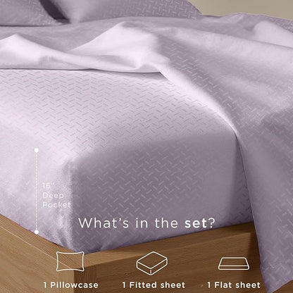 Threadmill Cotton Twin XL Sheet Set | 100% Cotton Sheets for Twin XL Size Bed | Damask Jacquard Sateen Twin XL Bed Sheets Set with 16” Deep Pocket | Soft Breathable 3-Piece Cooling Sheet Set | Lilac