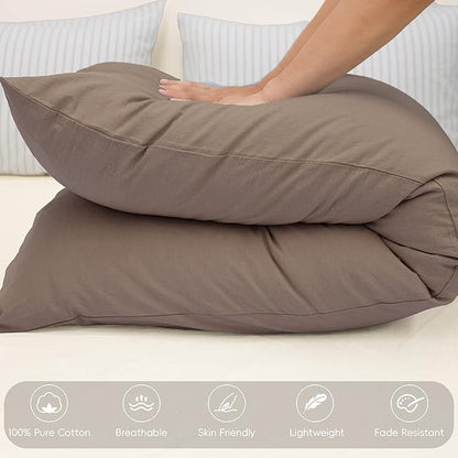 MooMee Body Pillow Cover Pillowcase with Zipper 100% Washed Cotton Linen Like Textured Breathable Durable Soft Comfy (Brown, 21”x54”, 1PC)