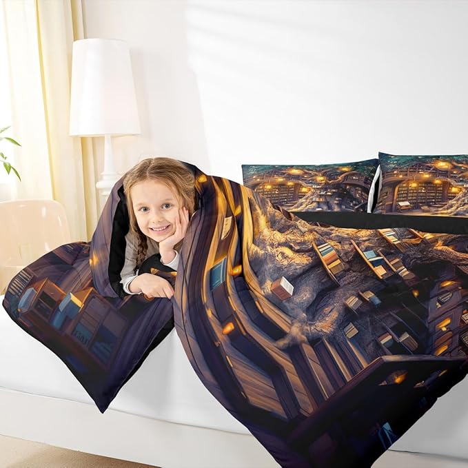 Mysterious Bookshelf Comforter Set with 2 Pillowcases,Trees and Books Super Soft Microfiber Bedding Set for Adults Teens,Fantasy Fairy Tale Style Duvet Set for Room Decor,King
