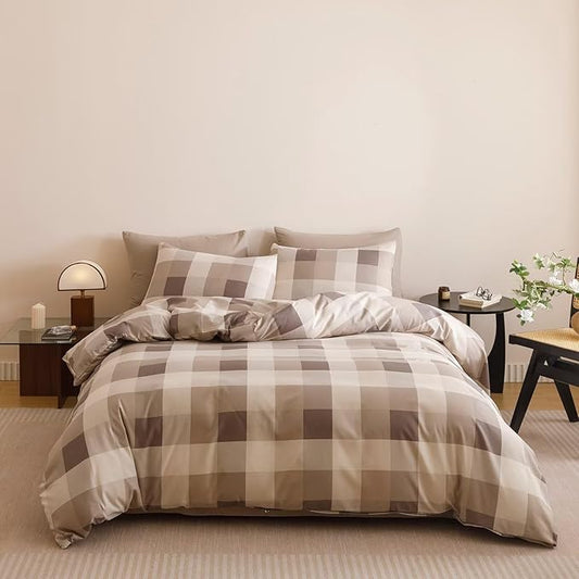 Houseri Coffee Color Plaid Comforter Set Queen Vintage Grid Bedding Sets