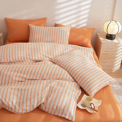 EAVD Retro Striped Duvet Cover Queen Soft 100% Washed Cotton 3-Piece Chic White Orange Vertical Striped Bedding Set with 2 Pillowcases Vintage Geometric Pattern Duvet Cover with Zipper Closure