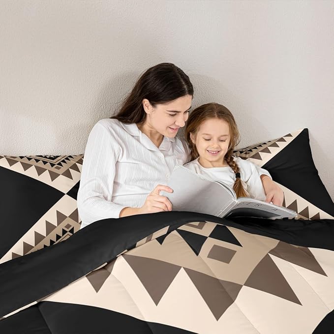 Erosebridal Black Beige Abstract Queen Comforter Set for Adult Women Men Modern Boho Western Aztec Bedding Set Geometric Stripes Bed Set Minimalist Stylish Art Southwestern Quilt Set