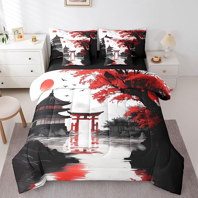 Erosebridal Japanese King Comforter Set with Sheets 7 Piece Sun Cherry Blossom Bedding Set for Girls Women Watercolor Black Red Mountain Sakura Floral Bed in A Bag Asian Chinese Ink Sheet Set