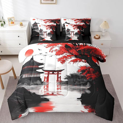 Erosebridal Japanese King Comforter Set with Sheets 7 Piece Sun Cherry Blossom Bedding Set for Girls Women Watercolor Black Red Mountain Sakura Floral Bed in A Bag Asian Chinese Ink Sheet Set