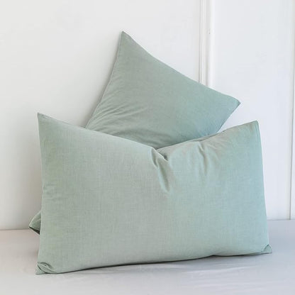 MooMee Bedding Pillowcases Pack of 2 100% Washed Cotton Linen Like Textured Breathable Durable Soft Comfy (Heathered Sage Green, King)