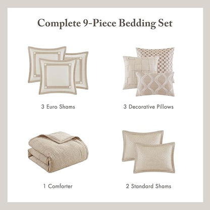 Madison Park Signature King Luxury Jacquard Comforter Set, Removable Duvet Cover with Insert, Oversized Overfilled Bedding, Hand-Guided Embroidered Texture Accents, Geometric Ivory, 9-Piece