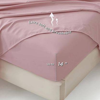 Bedsure Rose Pink King Comforter Set - 7 Pieces Floral Bedding Sets King Bed in a Bag with Reversible Botanical Flowers Comforter, Sheets, Pillowcases & Shams