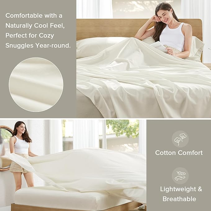 Comfort Spaces 100% Cotton Sheets Cal King, Breathable & Soft Cotton Sheets, Naturally Cool Cotton Bed Sheets with 14" Elastic Pocket Fits up to 16" Mattress, All Season Sheet Set, Ivory 4 Piece