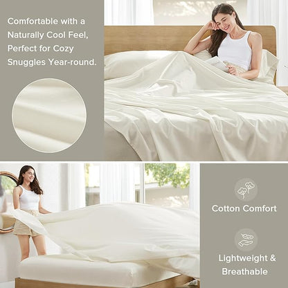 Comfort Spaces 100% Cotton Sheets Queen, Breathable, Ultra Soft Cotton Sheets, Naturally Cool Cotton Bed Sheets with 14" Elastic Pocket Fits up to 16" Mattress, All Season Sheet Set, Ivory 4 Piece