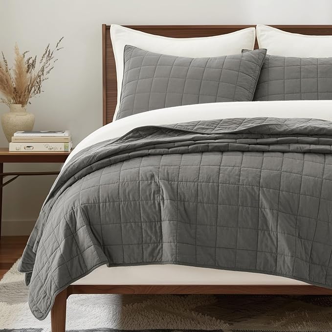 EVERGRACEHOME 100% Cotton Box Stitch Quilt Bedding Set King Size 3 Pieces, Garment-Washed Lightweight Soft Cozy Coverlet, Oversized Quilted Bedspread Sets with 2 Shams for All Season, Dark Gull Gray