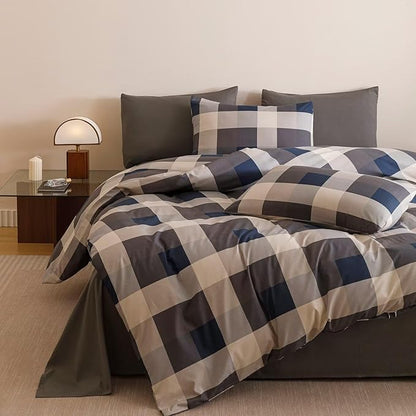 Houseri Blue Plaid Comforter Set King Vintage Grid Bedding Sets