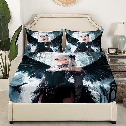 Erosebridal Anime Girl Bed Sheets Twin Size, Kawaii Japanese Anime Fitted Sheet for Kids Boys Teens Adult, Cartoon Girl Bedding Set Japan Animation Bedroom, Machine Washable, Black White