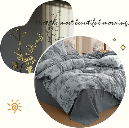 VM VOUGEMARKET Duvet Cover Set King Size Linen Cotton Yarn-Dyed Duvet Cover,Jacquard Garden Floral Pattern Monet Style 3Pieces Bedding Set,Navy Blue
