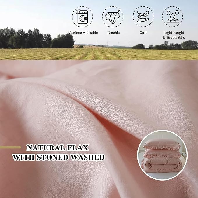 Simple&Opulence 100% Linen Duvet Cover Set, 3 PCS Natural French Flax Blush Pink Ruffle Duvet Cover Full Size, Breathable Comfy Linen Bedding Comforter Cover with 2 Pillowcases (Blush Pink, 78" X 86")