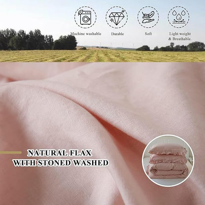 Simple&Opulence 100% Linen Duvet Cover Set, 3 PCS Natural French Flax Blush Pink Ruffle Duvet Cover Full Size, Breathable Comfy Linen Bedding Comforter Cover with 2 Pillowcases (Blush Pink, 78" X 86")