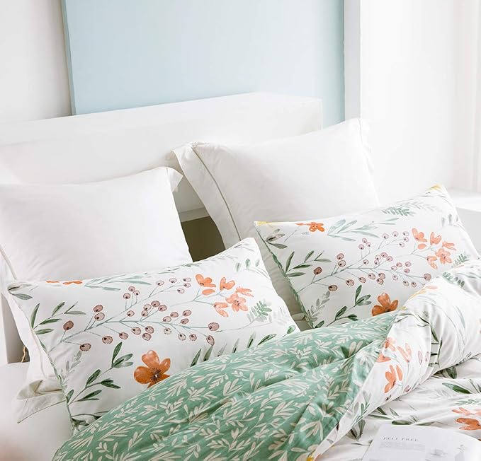 SLEEPBELLA Duvet Cover Set 600 Thread Count Cotton Bedding Set (Twin, White&Green Floral)