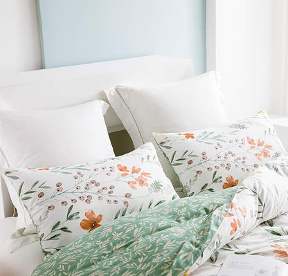 SLEEPBELLA Duvet Cover Set 600 Thread Count Cotton Bedding Set (Full, White&Green Floral)