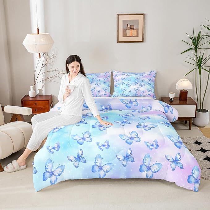 Erosebridal Pink Blue Butterfly Bedding Queen,Watercolor 3D Printed Comforter Set Purple Colorful Rainbow Bed Sets Fantasy Dreamy Princess Duvet Insert 3 Pieces