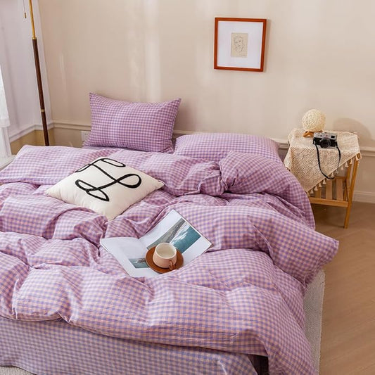 EAVD Purple Gingham Comforter Set Twin XL Soft Mini Checkered Plaid Bedding Set with 2 Pillowcases Modern Reversible Gingham Bedding Set for Boy Women Men Farmhouse Plaid Comforter Set for All-Season