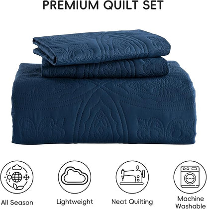 Yiran Navy Blue Quilt Set Queen Size Lightweight Bedspread Embossed Pattern Soft Microfiber Coverlet for All Season with 2 Pillow Shams (96"x90")