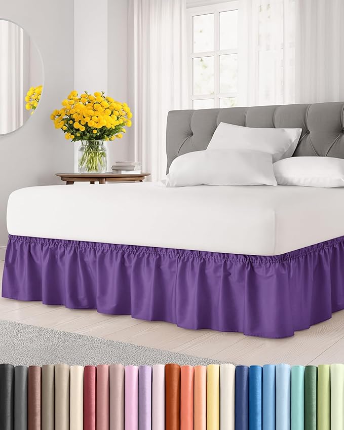 Wrap Around Dust Ruffle Bed Skirt - Purple - for Full Size Beds with 24 Inch Drop - Easy Fit Elastic Strap - Adjustable Pleated Bedskirt w/Brushed Fabric - Wrinkle Free - for Women, Men, Kids & Teens
