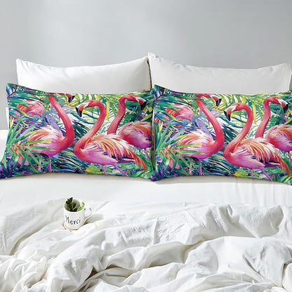 Erosebridal Flamingo Comforter Set Queen Size, Tropical Leaves Room Decor Down Comforter, Palm Tree Pattern Quilted Duvet, Colorful Comforter Set, with 2 Pillow Cases,Super Soft Breathable