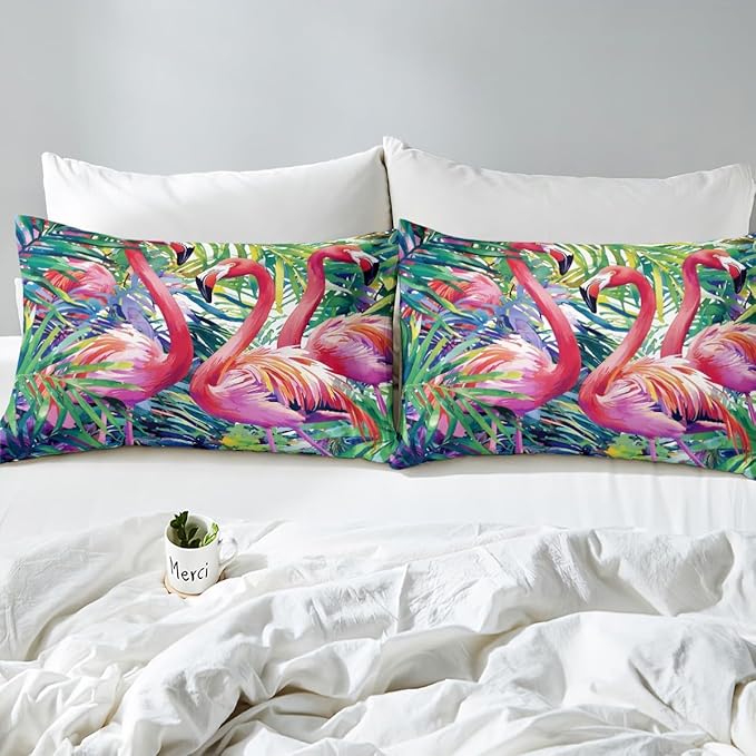 Erosebridal Flamingo Comforter Set Full Size, Tropical Leaves Room Decor Down Comforter, Palm Tree Pattern Quilted Duvet, Colorful Comforter Set, with 2 Pillow Cases,Super Soft Breathable