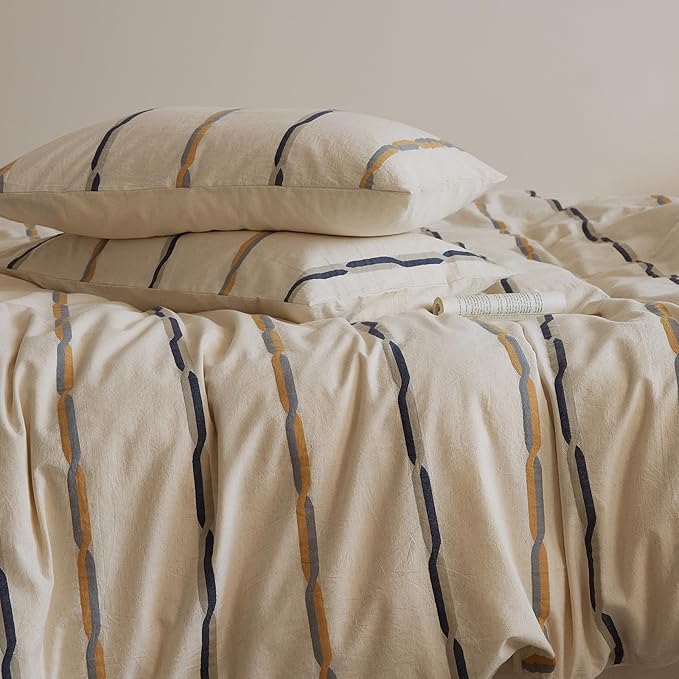 VM VOUGEMARKET Black Orange Striped Duvet Cover Set Yarn-Dyed Cotton Linen Like Textured Bedding Set Jacquard Stripes Duvet Cover with 2 Pillowcase-Queen,90"x90"