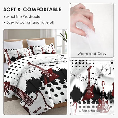 King Size Comforter Set with 2 Pillowcases, Guitar Rock Music 3 Pcs Bedding for Kids and Adults, Musical Play Soft Comforter Set for Bedroom Bed Decor