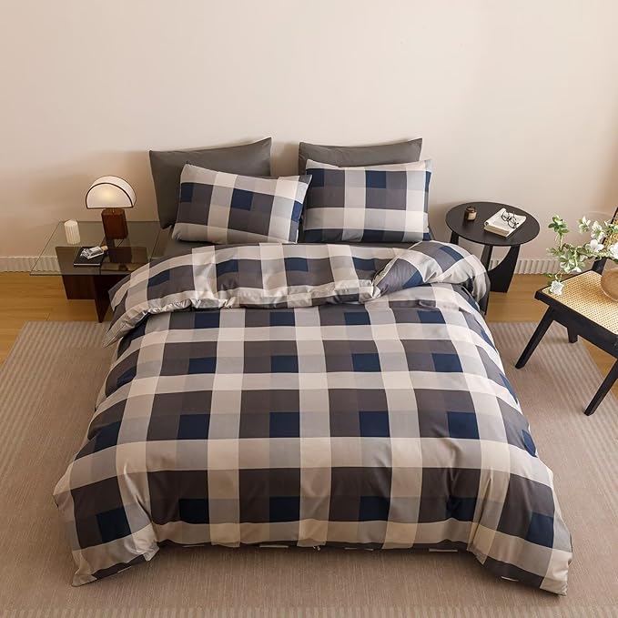 Houseri Blue Plaid Comforter Set Twin Vintage Grid Bedding Sets