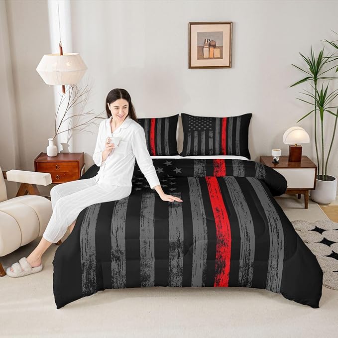Erosebridal American Flag Comforter Set Full Black Grey Red Line Flag Bedding Set for Men Boys Kids Girls Novelty Star Stripe Down Comforter Retro Vintage Flags Bedding Sets & Collections